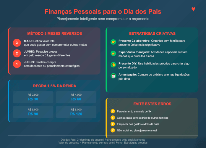 Infográfico com dicas de finanças pessoais para o Dia dos Pais, incluindo estratégias criativas, planejamento de compras e regras para controlar gastos