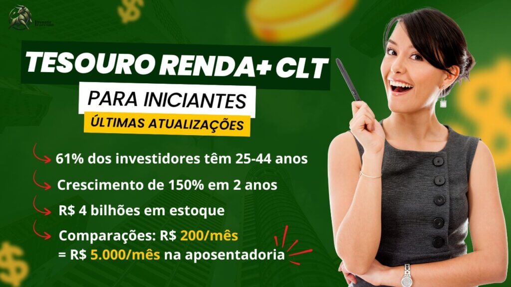 Infográfico do Tesouro RendA+ CLT para iniciantes mostrando que 61% dos investidores têm 25-44 anos, crescimento de 150% em 2 anos, R$ 4 bilhões em estoque e simulação de R$ 200 mensais gerando R$ 5.000 na aposentadoria
