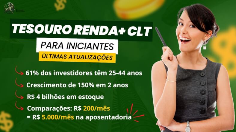 Infográfico do Tesouro RendA+ CLT para iniciantes mostrando que 61% dos investidores têm 25-44 anos, crescimento de 150% em 2 anos, R$ 4 bilhões em estoque e simulação de R$ 200 mensais gerando R$ 5.000 na aposentadoria